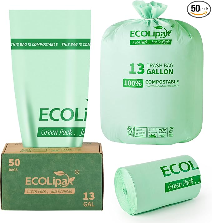 ECOLipak 13 Gallon Compostable Trash Garbage Bags, US BPI ASTM D6400 and OK by ECOLipak