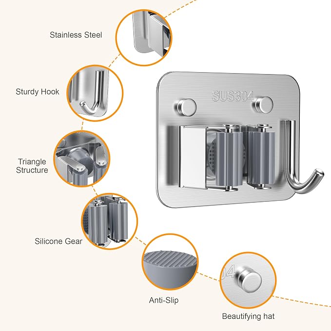4 Pack Stainless Steel Mop and Broom Holder Wall Mount - Image 3