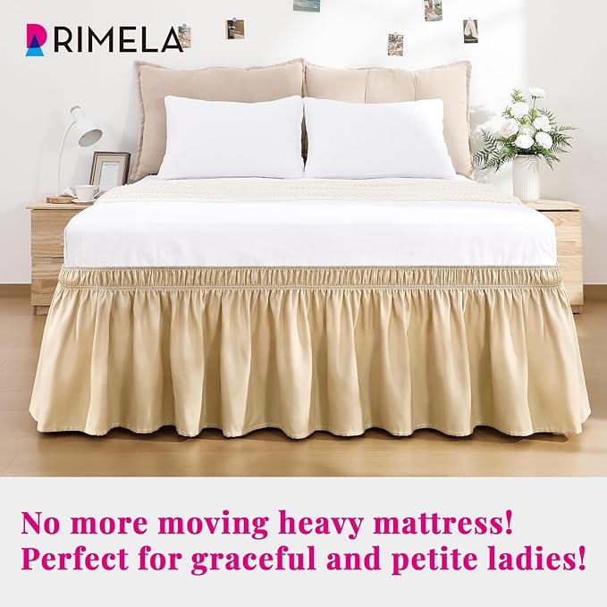 RIMELA Beige Bed Skirt King Size 18 Inch Drop, Wrap Around Elastic Bedskirt, Dust Ruffle for Adjustable Bed Base Machine Washable Easy to Install Bed Skirts