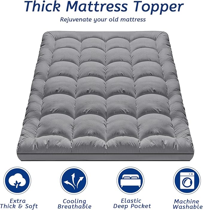 Full Size Mattress Topper for Back Pain, Cooling Extra Thick Mattress Pad Cover with 8-21 inch Deep Pocket, Plush Pillow Top Mattress Topper Overfilled with Down Alternative, Full Size, Dark Grey