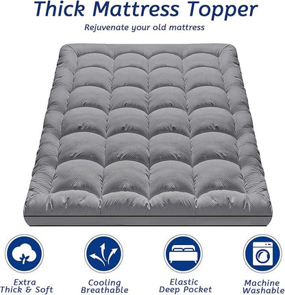 Full Size Mattress Topper for Back Pain, Cooling Extra Thick Mattress Pad Cover with 8-21 inch Deep Pocket, Plush Pillow Top Mattress Topper Overfilled with Down Alternative, Full Size, Dark Grey