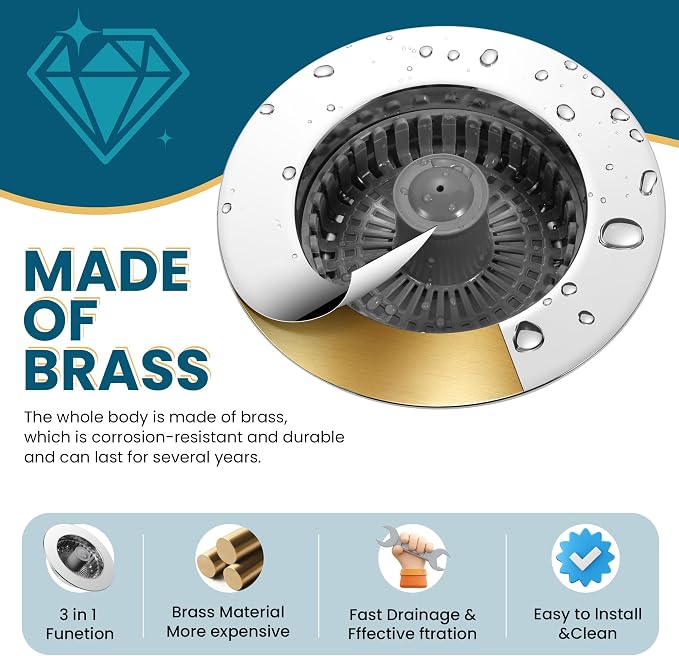 3-in-1 Kitchen Sink Strainer & Stopper, Stainless Steel Finish Pop Up Drain - Image 3