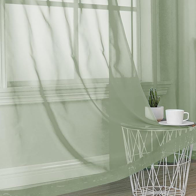 OVZME Sage Green Sheer Curtains 90 Inches Long 2 Panels - Soft Light Filtering Window Sheer Panels for Living Room/Bedroom, Top Dual Rod Pocket, 1 Pair, Each 42Wx90L Inches