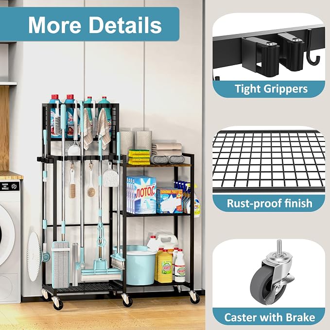 Broom Holder with Cleaning Supplies Organizer, Cleaning Cart with Broom Hanger - Image 6