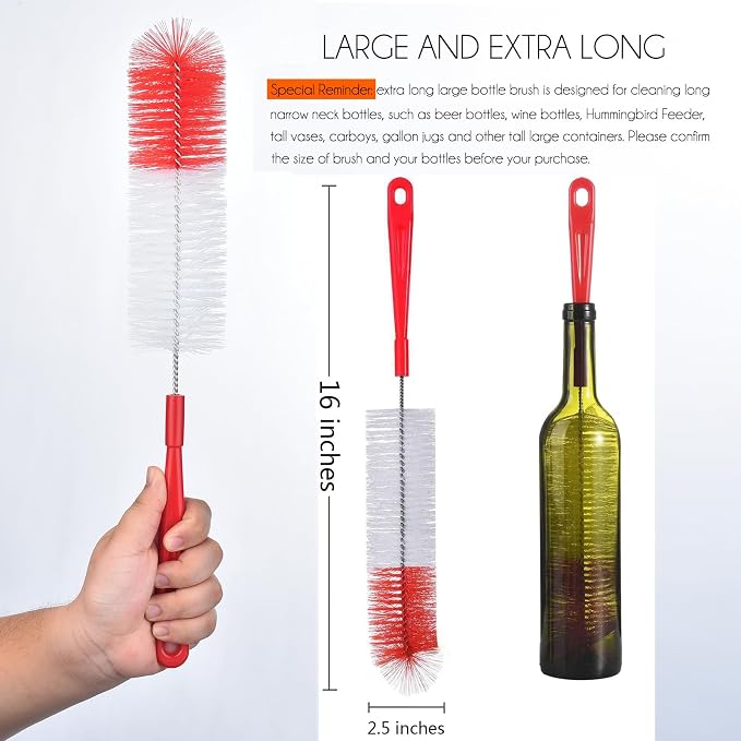 ALINK 16 inch Extra Long Red Bottle Cleaning Brush Cleaner - Image 2