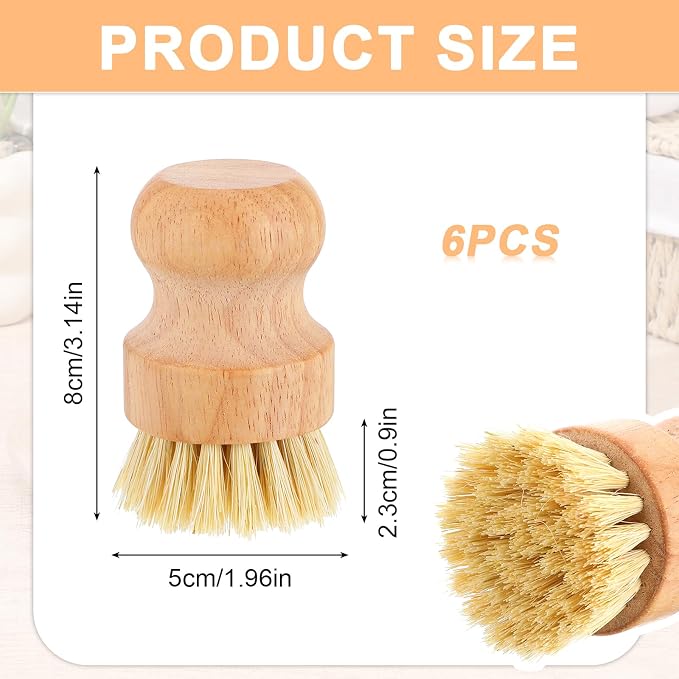 6 Pack Wood Dish Brush Set, Wood Scrub Brush - Image 2