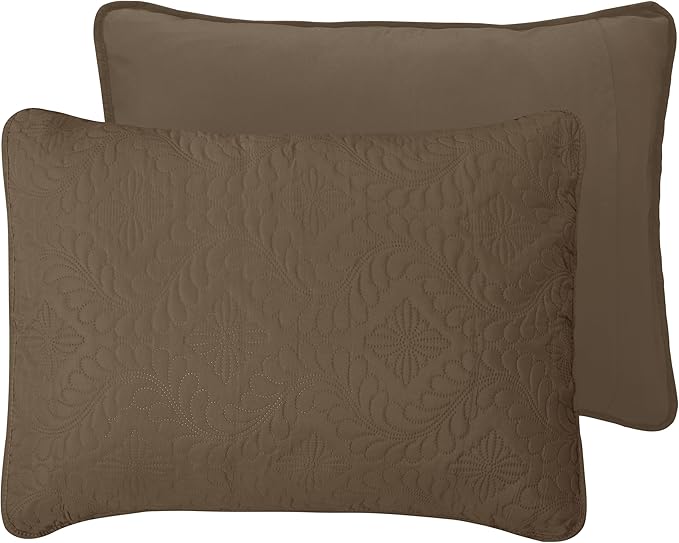 Easy-Going King Size Reversible Quilt Set with 1 Quilt and 2 Pillow Shams, Soft Bed Quilt Cover, Water Resistant Lightweight Microfiber Bedspread, Stain Resistant, Olive Leaf-Camel/Ivory