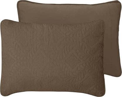 Easy-Going King Size Reversible Quilt Set with 1 Quilt and 2 Pillow Shams, Soft Bed Quilt Cover, Water Resistant Lightweight Microfiber Bedspread, Stain Resistant, Olive Leaf-Camel/Ivory