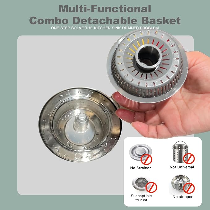 Kitchen Sink Drain Strainer 3 in 1, 304 Stainless Steel Pop Up Sink Stopper - Image 7