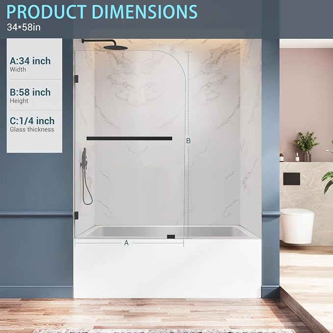 Bathtub Shower Door, 1/4" Clear Tempered Frameless Shower Glass Door, Tub - Image 4