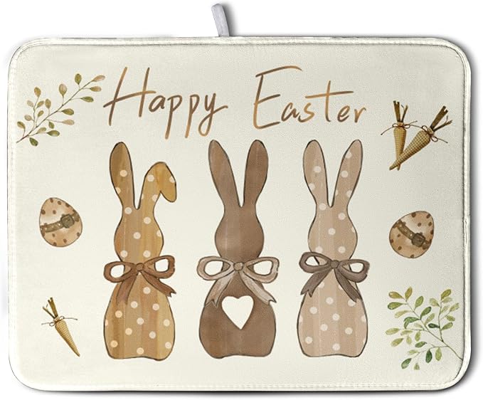 Happy Easter Bunny Dish Drying Mat Rabbits Egg Carrot Dish Pad by Kwlegh