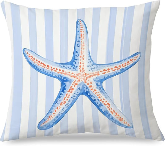 Coastal Beach Starfish Pillow Covers 18x18, Preppy Beachy Room Decor, Preppy Blue and White Striped Starfish Throw Pillow Covers for Bedroom Beach House Home