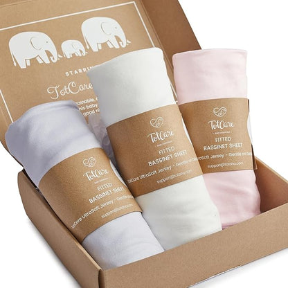 Bassinet Fitted Sheets for Chicco LullaGo Anywhere, Baby Bjorn Cradle and 14 x 29 Mattress Pad - Buttery Soft, Premium Stretchy Jersey Knit Sheets - Pale Pink + Lavendar + Cloud, 3 Pack