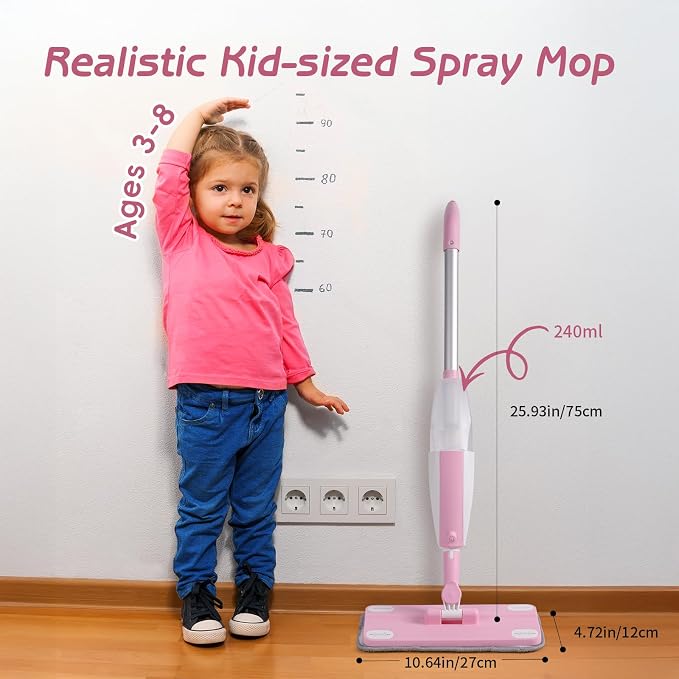 Hilsoeet Kids Spray Mop Pink, Real Working Water-Spraying Toy, Montessori Mini - Image 3