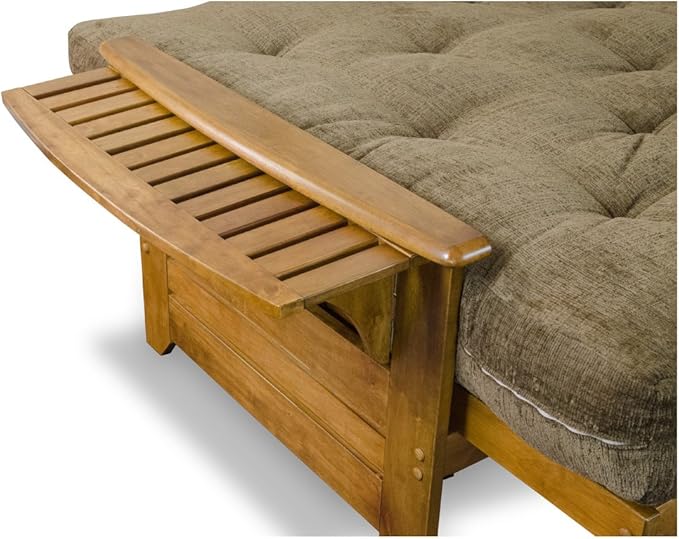 Nirvana Futons Brentwood Tray Arm Futon Sofabed Set - Queen Frame, 8" Microfiber Fudge Mattress, Heritage Finish
