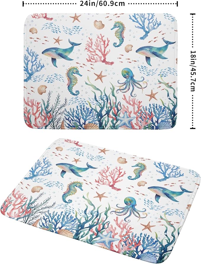 Giwawa Coastal Ocean Dish Drying Mat Seahorse Whales Drainer Rack Mats 18"x24" - Image 2