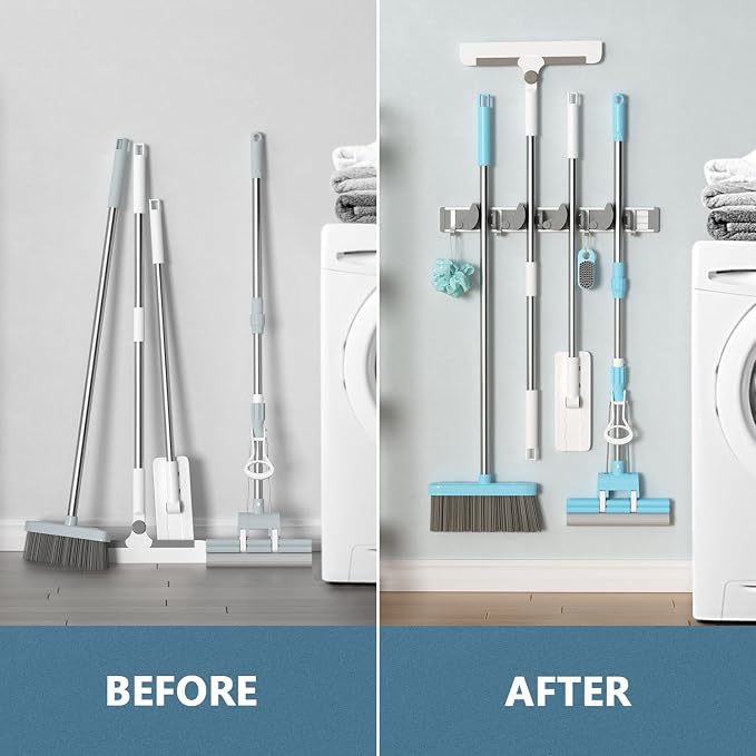 Holikme Mop Broom Holder Wall Mount Metal Pantry Organization and Storage - Image 4