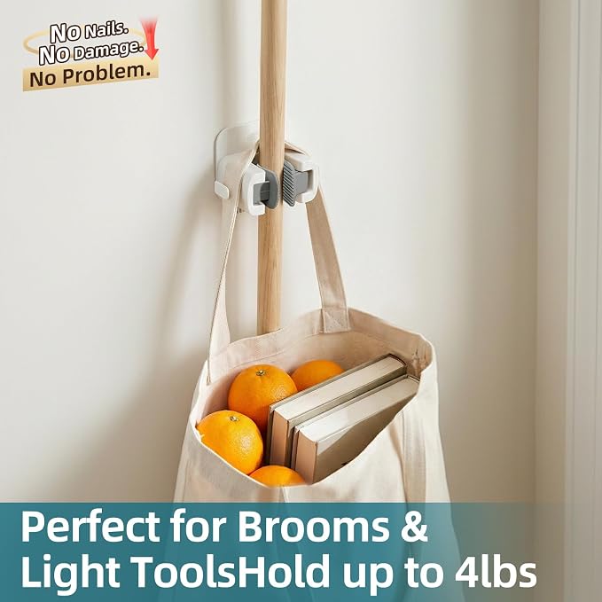TAILI Mop and Broom Holder Wall Mount Grippers, 3 Hangers and 8 Adhesive Strips - Image 6
