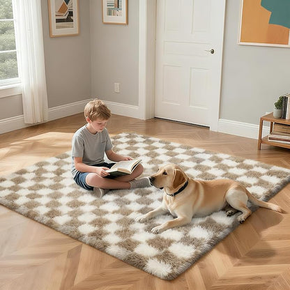 Checkered Rug for Living Room, 8x10 Beige and White Area Rugs, Classic Checkered Carpets Shaggy Area Rug, Bedside Rugs for Living Room Bedroom Kids Room Home Decor