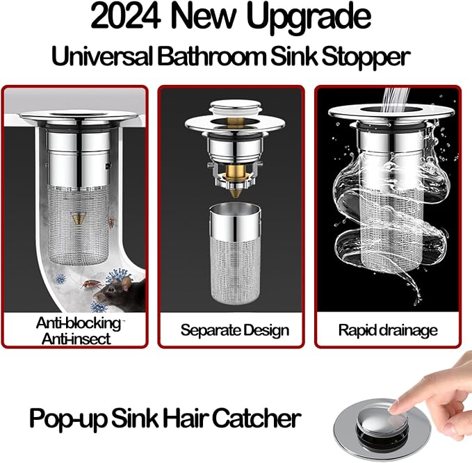 Pop Up Bathroom Sink Drain Strainer Hair Catcher, Sink Drain Stopper - Image 3
