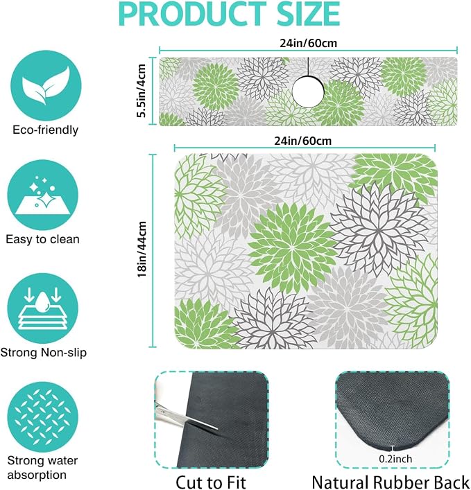 Dish Drying Mat for Kitchen Counter Matt, Super Absorbent Non-slip Rubber Backed - Image 2