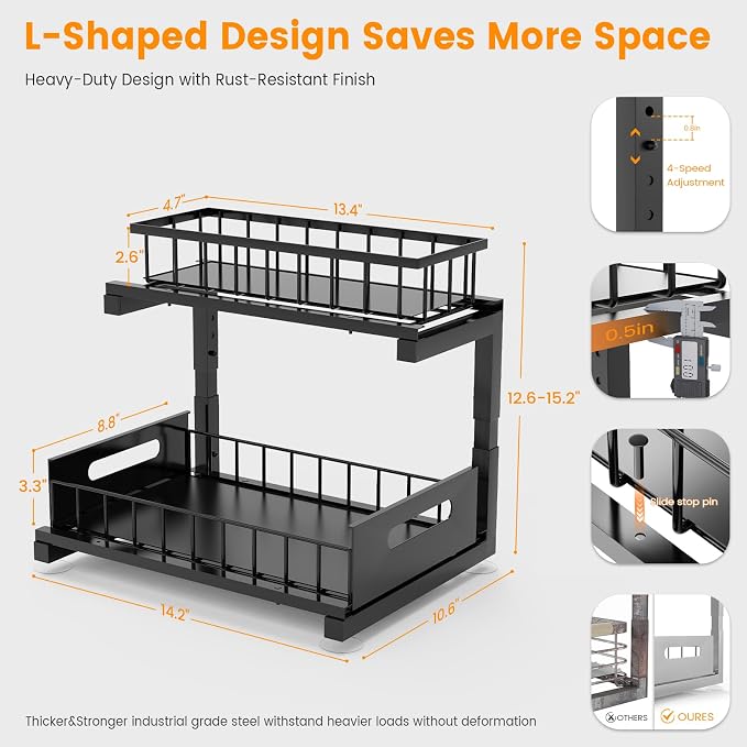 Under Sink Organizer Storage 2-Tier Heavy Duty Metal Pull Out Cabinet Organizer - Image 5