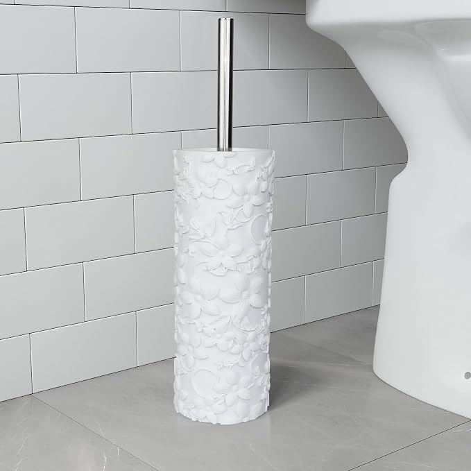 White Floral Design Resin Toilet Bowl Holder and Brush Set, Stylish Bathroom - Image 6