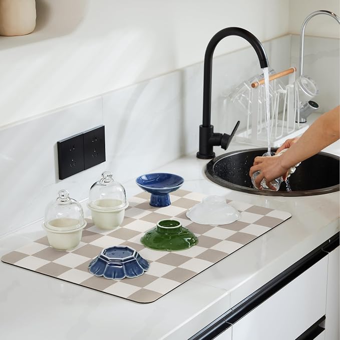 Checkered Dish Drying Mat for Kitchen Counter, Coffee Bar Station Accessories - Image 2