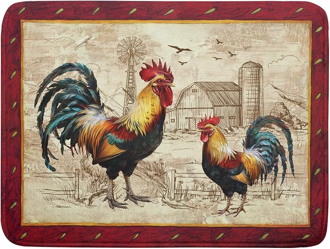 Farm Rooster Dish Drying Mat for Countertop 18x24 Inches Red Rustic Chicken by Giwawa