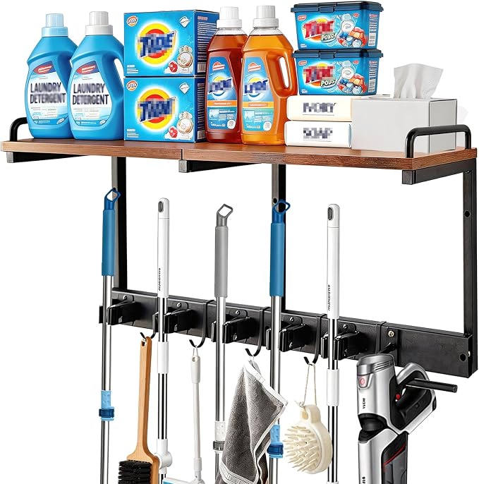Broom Holder Wall Mount With Cleaning Supplies Organizer Shelf Broom And Mop by Unknown