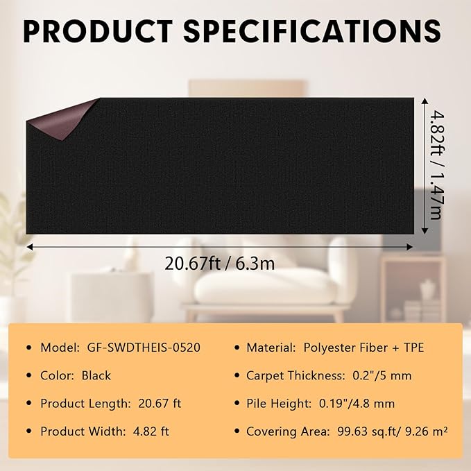 Marine Carpet, 5 FT x 20 FT Black Indoor/Outdoor Carpet, 0.2" Thick, Non-Slip, Waterproof, Machine Made, High Pile, Rectangular Area Rug