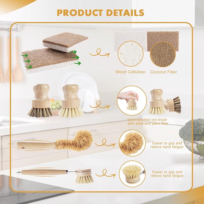 6 Piece Bamboo Dish Brush Set - Image 4