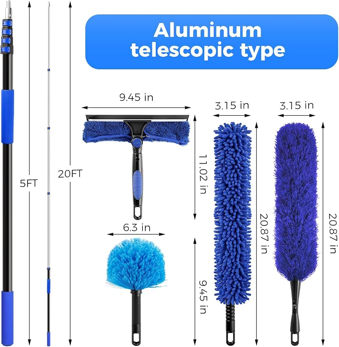 26ft High Reach Duster Kit, Aluminum 5-20ft Fan & Window Cleaner Set, Versatile - Image 2
