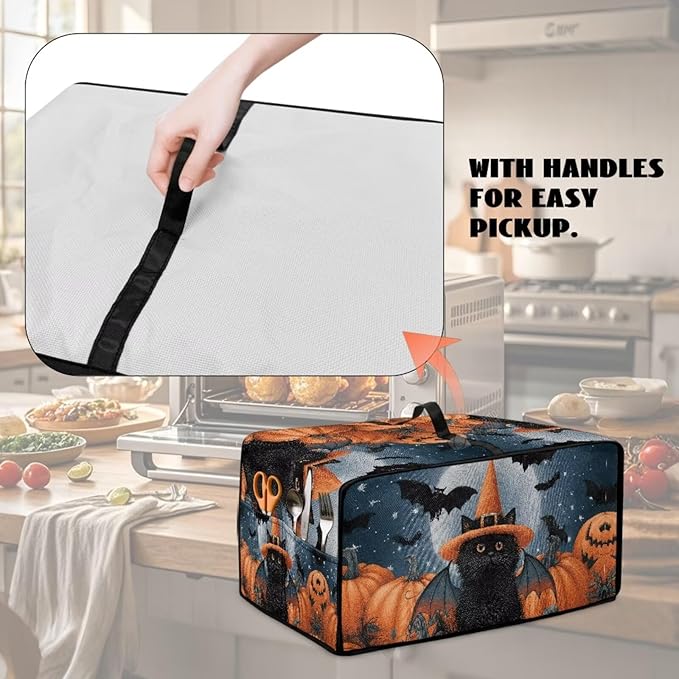 Bat Cat Pumpkin Moon Print Toaster Oven Cover Dust-Proof Microwave Oven Grill Cover Protector with Top Handle Reusable Reusable Kitchen Accessories for Halloween Decor, M