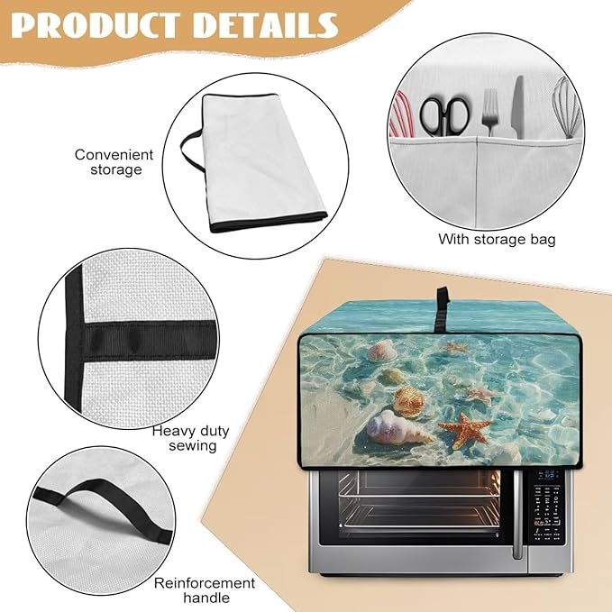 Toaster Oven Cover Washable Small Kitchen Appliance Dust Cover with Pockets, for Air Fryer Toaster Ovens, Microwaves, L, 18.5 x 22.5 x 13 Inches, Blue Beach Starfish Seashell Conch Whelk