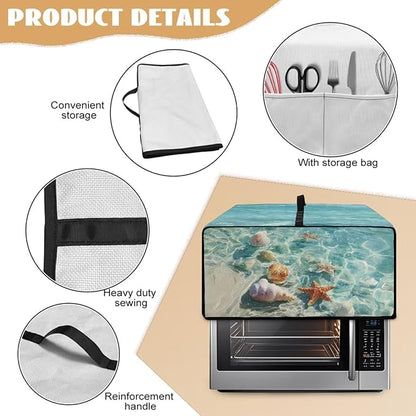 Toaster Oven Cover Washable Small Kitchen Appliance Dust Cover with Pockets, for Air Fryer Toaster Ovens, Microwaves, L, 18.5 x 22.5 x 13 Inches, Blue Beach Starfish Seashell Conch Whelk