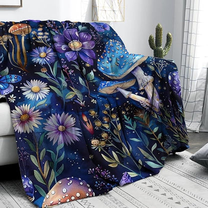 Cute Whimsical Mushroom Throw Blanket Aesthetic Dark Botanical Florals Throw,Witchy Gifts for Women,Gothic Gifts,Soft Cozy Warm Moth Witchy Plush Blanket Throw for Women Girls Mom 40"x50"