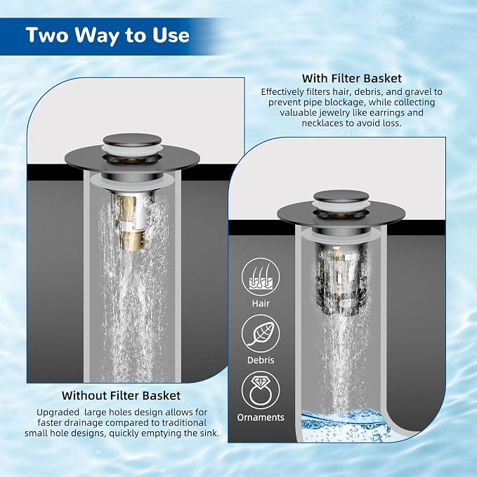Hibbent Upgraded 3 in 1 Bathroom Sink Drain Strainer, Universal Pop Up Stopper - Image 3