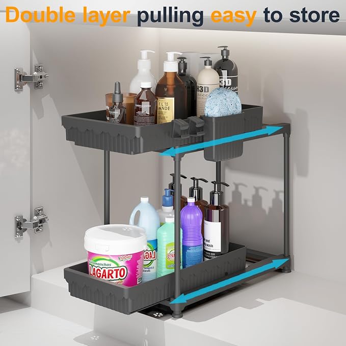 2 Pack Double Sliding Under Sink Organizers and Storage, 2 Tier Under Bathroom - Image 2