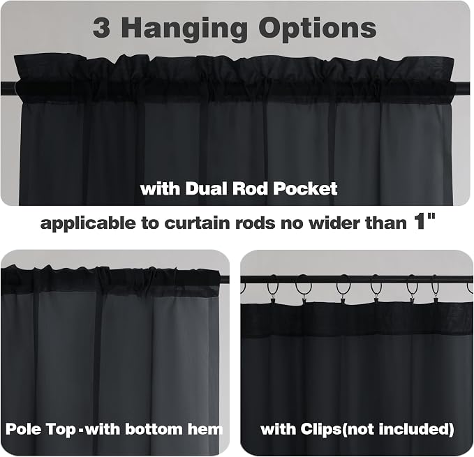 Chyhomenyc Black Sheer Curtain 72 Inches Length 2 Panels, Voile Top Dual Rod - Image 3