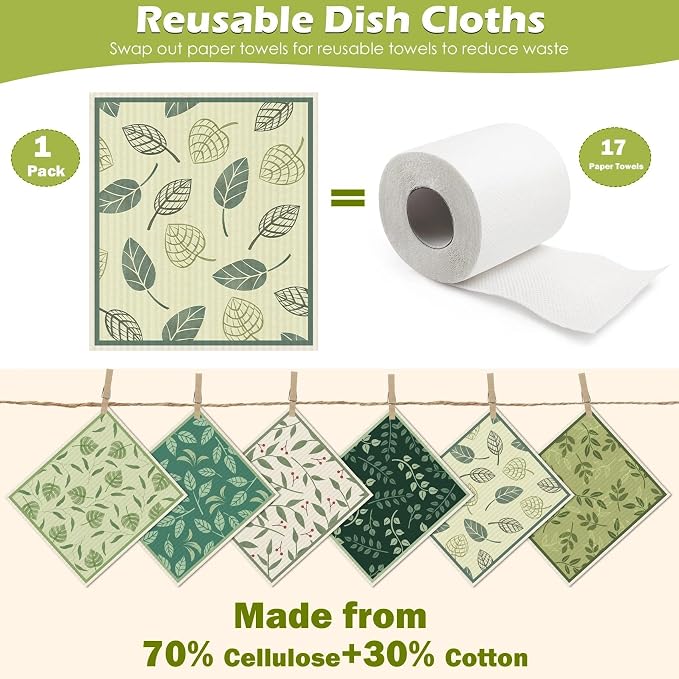 6 Packs Swedish Paper Cloths for Kitchen, Reusable Paper Towels Washable Dish - Image 3