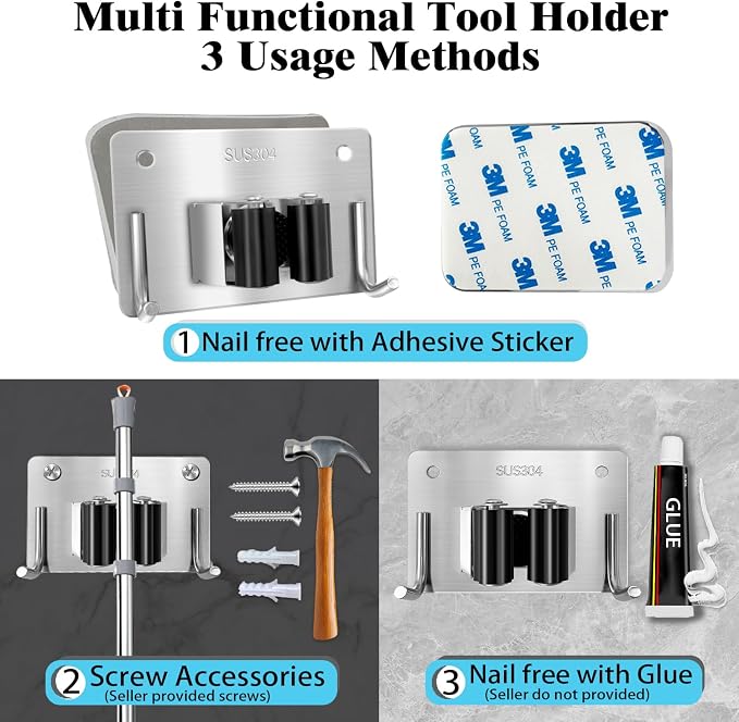 Mop and Broom Holder Wall Mount Stainless Steel 304 Tool Garage Organization - Image 3
