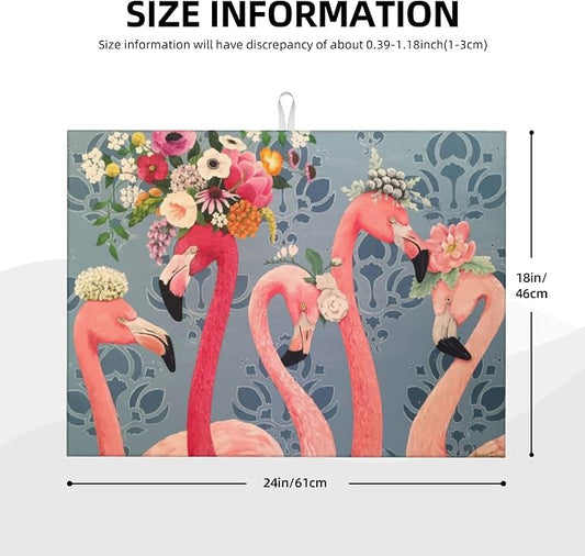 Flamingo Flowers Dish Drying Mat 18x24 Inch, Microfiber Absorbent Fast Dry Mat - Image 2