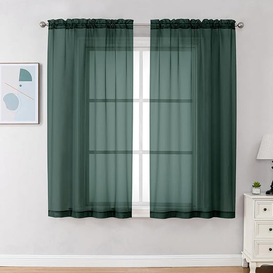 Chyhomenyc Hunter Green Sheer Curtains 63 Inch Length 2 Panels, Rod Pocket by Chyhomenyc
