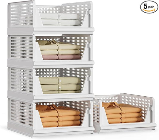 Proarea 5 Pack Stackable Plastic Storage Basket Closet Organizer Bin Foldable by Proarea