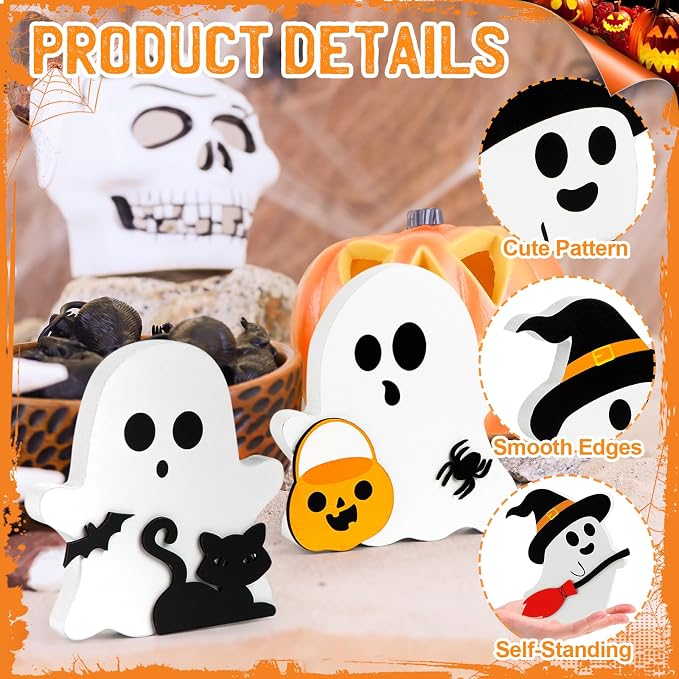 COCHIE Cute Ghost Halloween Decorations Indoor, Wooden Tiered Tray Decor Table - Image 3