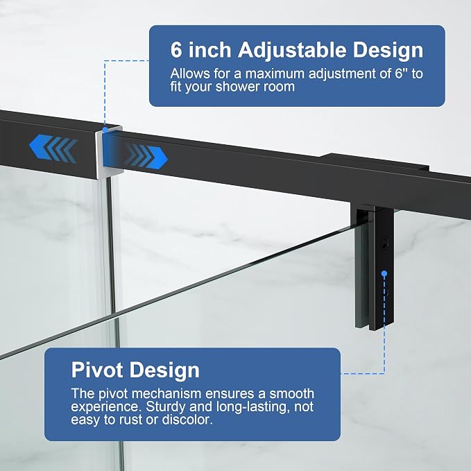 Semi Frameless Pivot Shower Door 36-42" W x 72" H, Swing Shower Glass Doors - Image 6