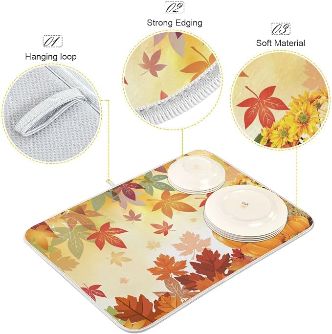 Autumn Fall Dish Drying Mat for Kitchen Counter Pumpkin Maple Leaves Drying Mat - Image 2