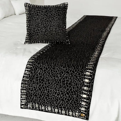 The HomeCentric King/Queen/Twin Black Decorative Full 68"x18" Bed Runner with 2 Pillow Cover, Mosaic & Crystal Bed Scarf on Velvet Fabric - Mosaic Noir
