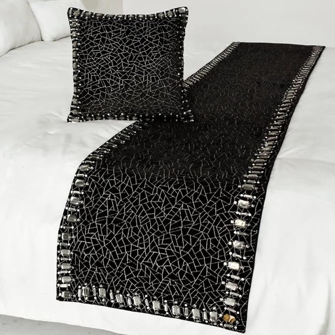 The HomeCentric King/Queen/Twin Black Decorative Twin 53"x18" Bed Runner Without Pillow Cover, Mosaic & Crystal Bed Scarf on Velvet Fabric - Mosaic Noir